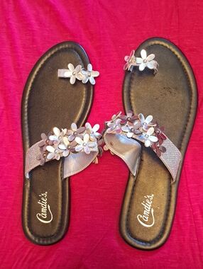 Candie's Silver Floral Appliqué Slide Sandals